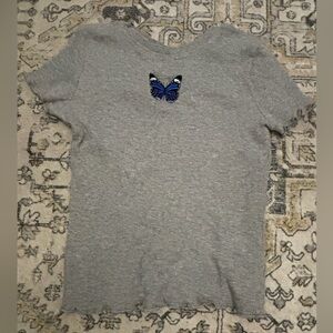 Harlow Gray Tee with Blue Butterfly Accent